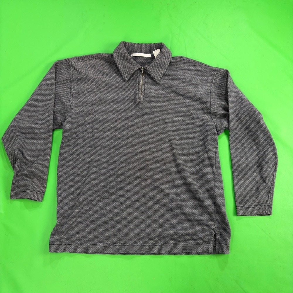 VTG 90s Perry Ellis 1/4 Zip Pullover Mens M Gray Textured Knit Cotton‎ Sweater